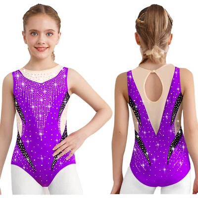 Kids Girls Metallic Rhinestone Sleeveless Dance Leotard Gymnastics Costume - Image 1 of 3