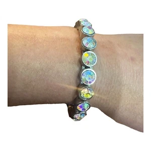 Vintage Aurora Borealis Rhinestone Magnetic Closure Silver Tone Bracelet, Signed - Picture 1 of 3