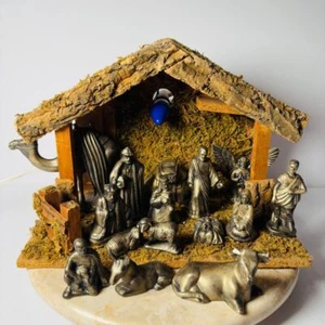 Belén Vintage Yeso Bronce 17 Piezas Construcción Paja Pesebre Ángel Animales - Imagen 1 de 9