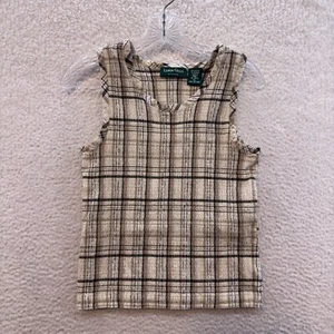 90s Vintage Smock Top XL Tan Beige Plaid Ruched Sleeveless - Picture 1 of 6