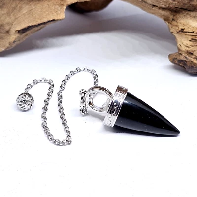 Obsidian Cone Crystal Pendulum Dowser Dowsing Divination Ball Gemstone And Bag - Image 1 of 4