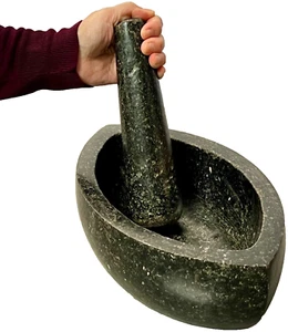 ANTIQUE INDIAN KHARALE MORTAR PESTLE BLACK GRANITE CEREMONIAL TEMPLE SIZE 19th c - Picture 1 of 23