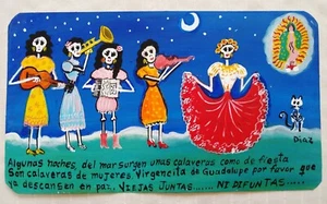 Frida Kahlo & Friends Day of Dead Skeleton Signed Mexican Ex-Voto Tin Retablo - Picture 1 of 6