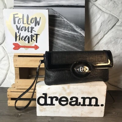 Ann Taylor 黑色涂层 Burlap 有内衬 TurnLock 手包钱包腕带 二手 — 第 1/4 张图片