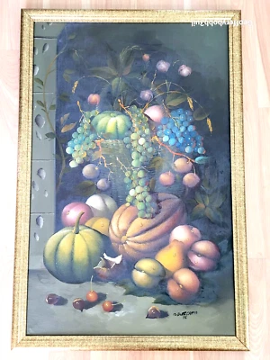 Pintura al óleo sobre lienzo original firmada enmarcada 36"X25" naturaleza muerta fruta melones uva Foto 1 de 4