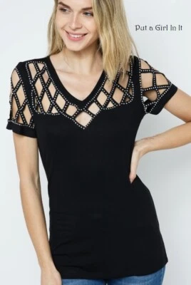 USA New VOCAL Womens CRYSTAL BLACK LASER CUTOUT SHIRT BLOUSE S M L XL 1X 2X 3X - Image 1 of 4