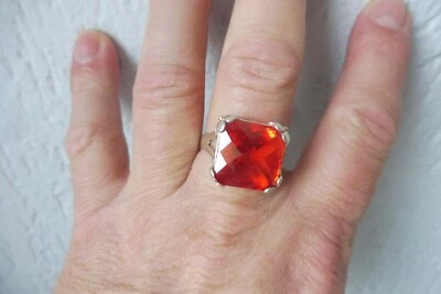 Anello Argento,Molto Bello Grande vecchio Anello,925 Argento con Rossa - Immagine 1 di 4