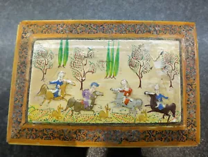 Persian/Indian With Miniature Painting Polo Game Marquetry Wooden Box - Picture 1 of 8