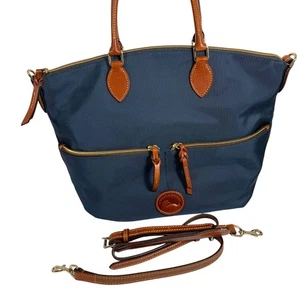 DOONEY & BOURKE Nylon Large Pocket Satchel Tote Cognac Leather Trim + Strap EUC - Picture 1 of 11