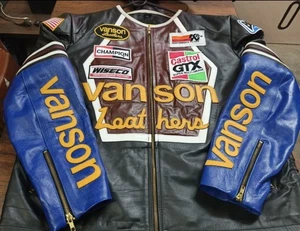 Vanson Leathers Racing Motorcycle Jacket Black Blue Leather Patch Logo Biker - Picture 1 of 12