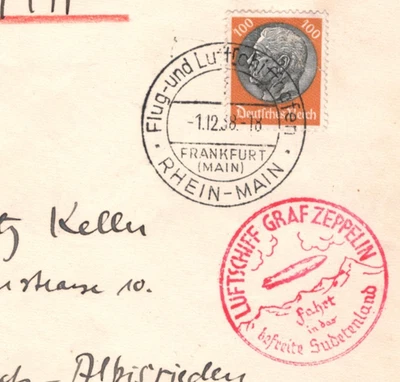 GERMANY ZEPPELIN Air Mail 100pf Hindenburg Cover SUDETENLAND 1938 Zurich KZ234 - Image 1 of 4
