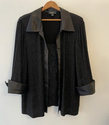 Dressbarn Collection 1X Jacket Attached To Shell Top Glitter Holiday Satin Trim - Image 1 of 4