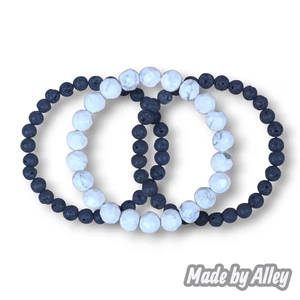 Handmade White Faceted Howlite Beaded Bracelet with Two 6mm Black Lava Bracelets - Picture 1 of 7