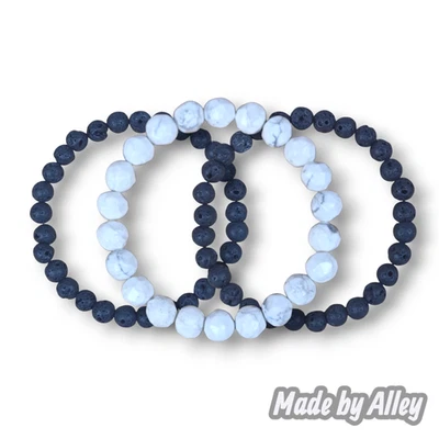 Handmade White Faceted Howlite Beaded Bracelet with Two 6mm Black Lava Bracelets - Image 1 of 4