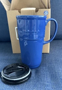Longaberger Woven Traditions Cornflower Blue Travel Mug & Lid 6.5” Tall NIB - Picture 1 of 4