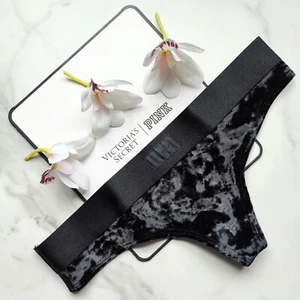 PINK Victoria's Secret Velvet Thong Panty Pure Black Size S/M/L/XL - Picture 1 of 6