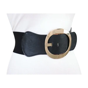 Women Black Wide Fashion Elastic Belt Hip Waist Big Gold Round Metal Buckle XS S - Picture 1 of 24
