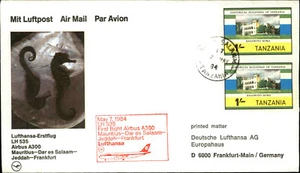 LUFTHANSA Primer vuelo 1984 Mauricio DarEsSalaam Jeddah 1er vuelo sellos Tanzania - Imagen 1 de 2