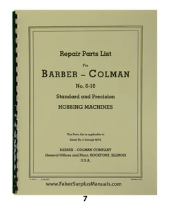 Barber Colman #6-10 Standard & Precision Hobbing Machine Parts Manual *7 - Picture 1 of 7