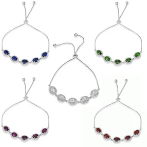 Sterling Silver Tennis Lariat Bracelet w/ Colored Oval Cut & Round Cut CZ Stones - Picture 1 of 11
