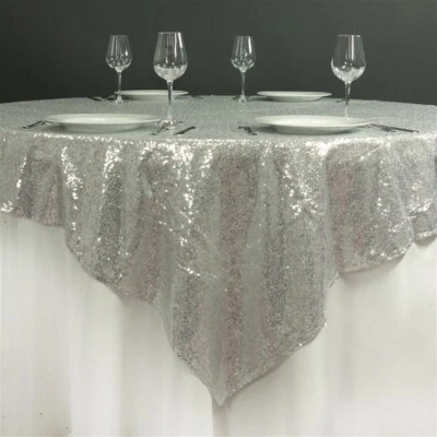 LANTEJOULAS PRATA 72x72" SOBREPOSIÇÃO DE MESA cinza claro cintilante roupa de cama para eventos de catering - Imagem 1 de 4