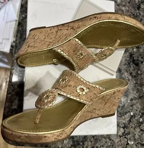 Jack Rogers Size 8.5 M Cork Gold Whipstitch Leather Marbella Wedge Sandals EUC - Picture 1 of 15