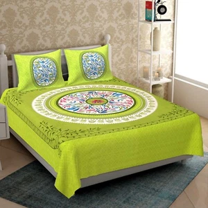100% Cotton Indian Flower Jaipuri Print Queen Size Bedsheet With 2 Pillow Covers - Picture 1 of 4