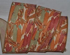 Wired Ribbon~Rustic Woven Fall Indian Corn~2.5"~Orange~Red~Tan~Thanksgiving~Bow - Picture 1 of 1