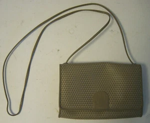 1980s Liz Claiborne Brown Triangle Purse Clutch Leather Trim Vtg Beige Handbag - Picture 1 of 6