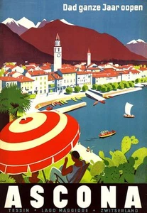 Vintage Illustrated Travel Poster CANVAS PRINT Ascona Switzerland 8"X 12" - Imagen 1 de 1