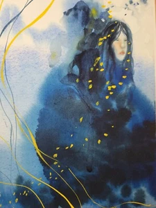 Original Gouache Abstract Woman Portrait in Blue and Yellow By J. M. Johnson - Picture 1 of 8