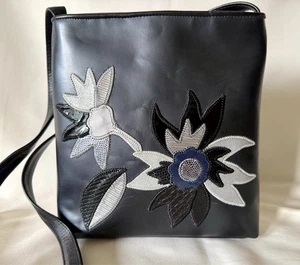 Accents by Sharif Navy Blue Silver Floral Applique Leather Crossbody Bag - Picture 1 of 6