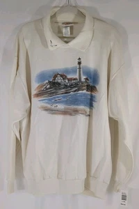 Vintage Morning Sun Rhinestone Lighthouse Glitter Beach Collared Sweatshirt 1X  - Picture 1 of 9