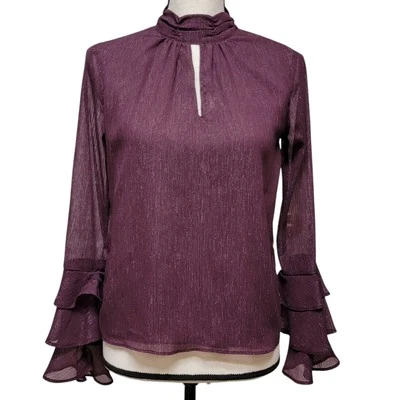 Purple Blouse Womens Sz XS Sparkle Sheer Ruffle Sleeve Keyhole Whimsygoth Party - Image 1 of 4