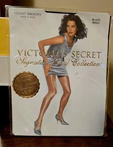 NEW Vintage Victoria's Secret SIGNATURE GOLD GLOSSY SMOOTH Pantyhose Black Small - Picture 1 of 7