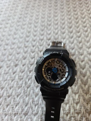 罕见! Casio Baby-G 5457 Leopard Print BA-120LP 女式 黑色 银色 手表 7.5 — 第 1/4 张图片