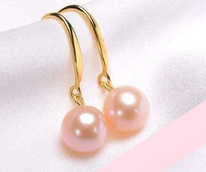 AAAAA 7-8mm Natural South sea Pink Round Pearl Earrings 14K Gold - Picture 1 of 3
