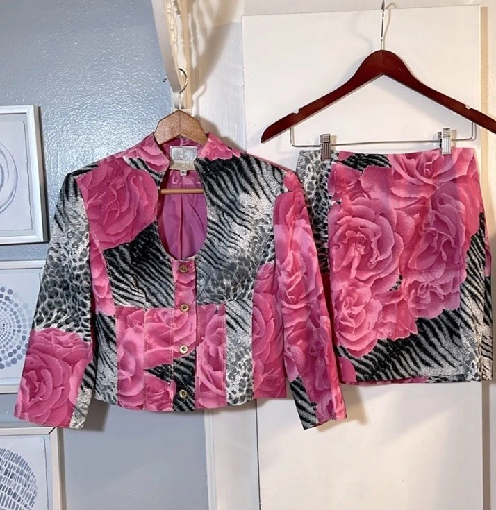 RARO Vintage CACHE’ ALBERTO MAKALI Rosa Cebra Blazer Traje Chaqueta Falda Conjunto Talla 6 Foto 1 de 4