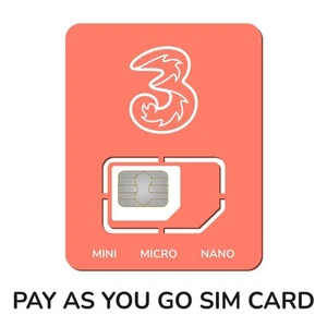 Three Ireland 5G SIM - PAYG Irish Number - Works Worldwide - Fast Delivery - Zdjęcie 1 z 2