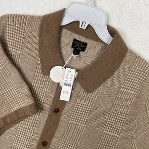 J Crew Short Sleeve Cashmere Sweater Button Up Shirt Mens Large Brown Glen Plaid - Picture 1 of 13