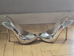 Christian Dior Miss Dior  Peep Toe Silver Slingback Platform Pumps Size 38 - Picture 1 of 9