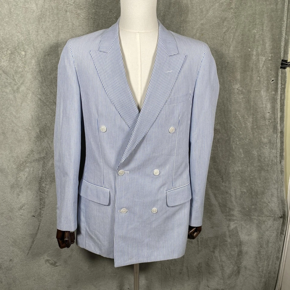VINTAGE Brookcraft Suit Mens 39 Long Blue White Seersucker Double Breasted Pants - Image 1 of 4