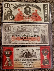 Lot of 3 Confederate States of America Bills $100, $50 & $10 - Picture 1 of 2