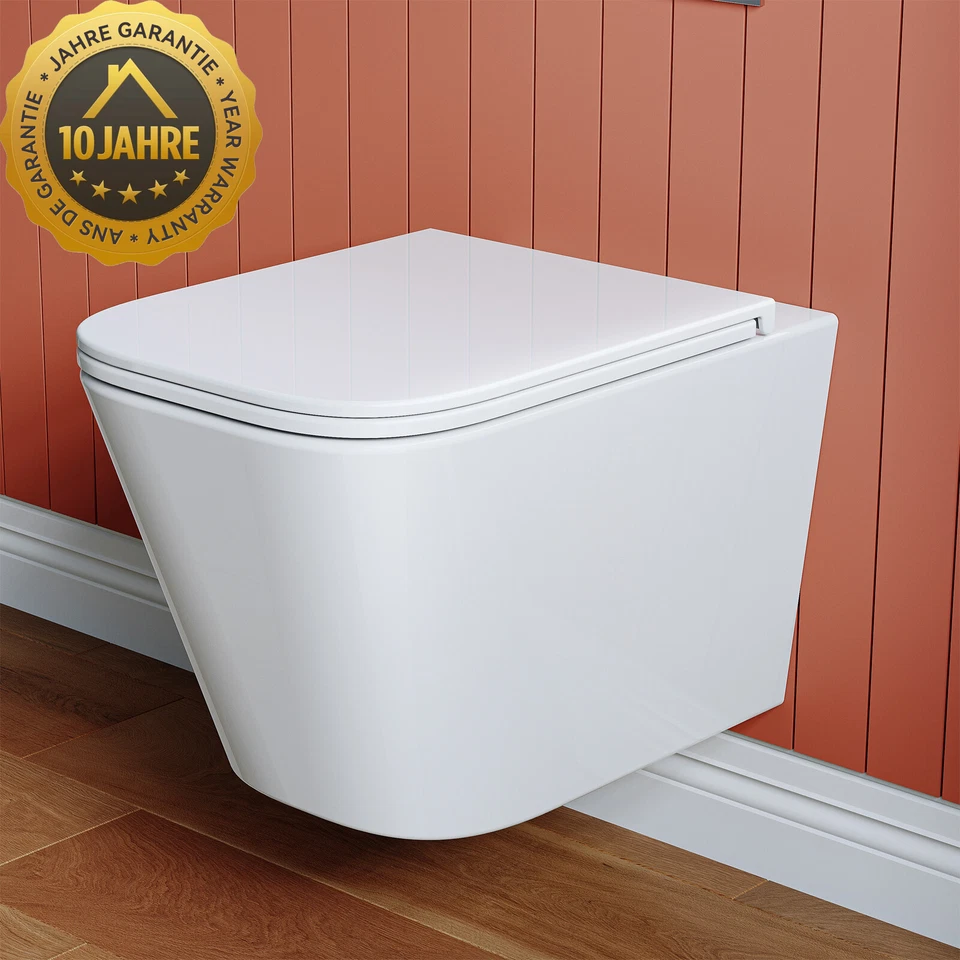 WC angolare senza bordo di risciacquo parete sospeso WC toilette rivestito Softclose coperchio sedile - Immagine 1 di 4
