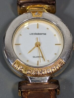 Liz Claiborne белый циферблат круглый двухцветный чехол коричневый кожаный ремешок часы - Изображение 1 из 4