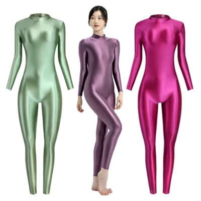 Mujeres Mono Satinado Brillante Una Pieza Yoga Fitness Espalda Cremallera Mono Body Foto 1 de 4