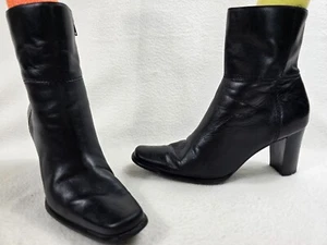 Apostrophe Black Leather Square Toe Ankle Boots Block Heel Womens Size 9 - Picture 1 of 6