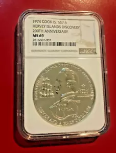 1974 COOK ISLAND S$7.5 HERVEY ISLANDS DISCOVERY NGC MS 69 HIGHEST GRADE - Picture 1 of 2