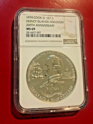 1974 COOK ISLAND S$7.5 HERVEY ISLANDS DISCOVERY NGC MS 69 HIGHEST GRADE - Image 1 of 2