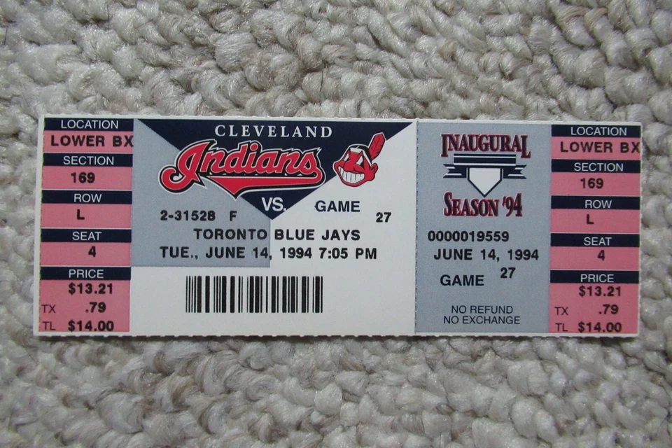 Boleto completo Cleveland Indians vs Blue Jays 14/06/1994 ~ White/Belle/Murray HRs Foto 1 de 1